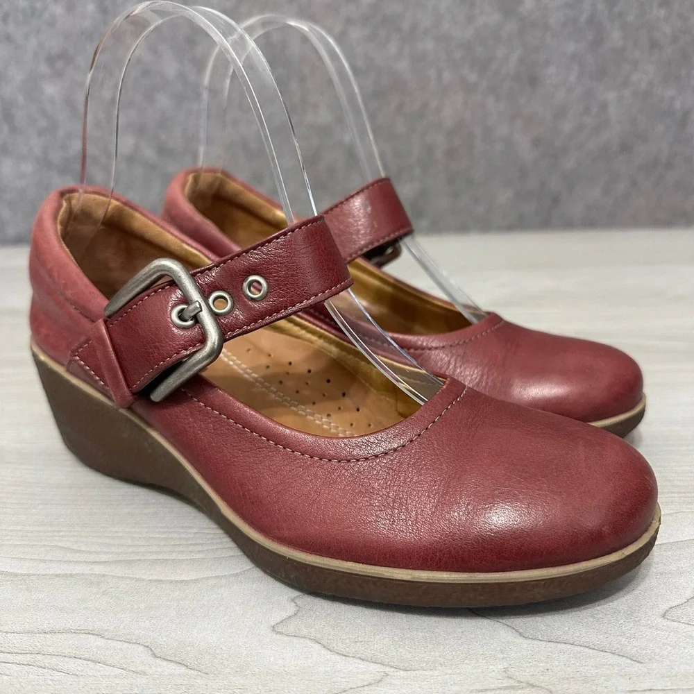 ECCO Shiver Wedge Mary Jane‎ Womens 35 US 5 Burgundy Leather Buckle Strap Shoes
